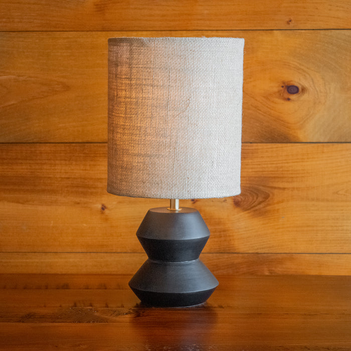 Petite Black Carved Wood Table Lamp with Jute Shade, Front View