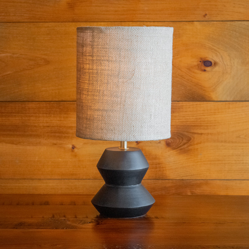 Petite Black Carved Wood Table Lamp with Jute Shade, Front View