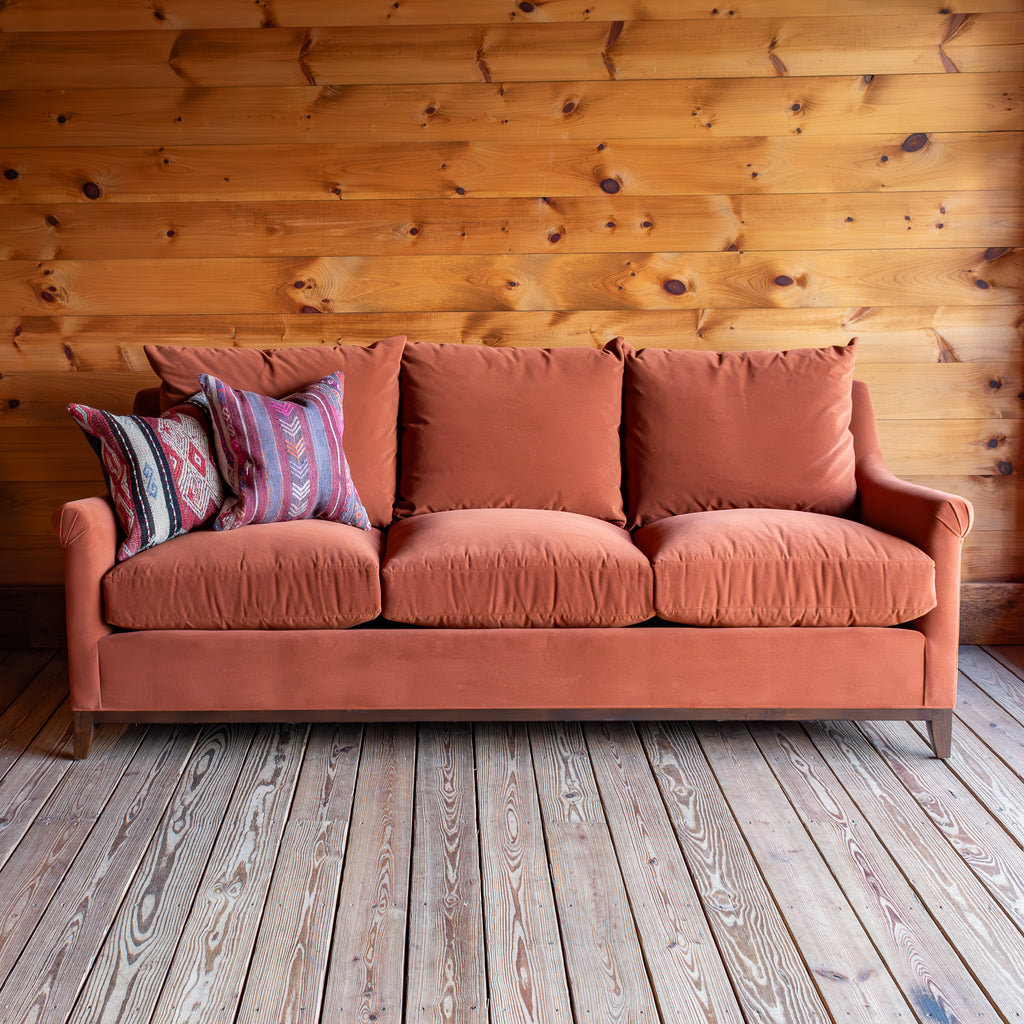 Pleated Arm Sofa in Copper Performance Fabric, Styled With Kilim Pillows