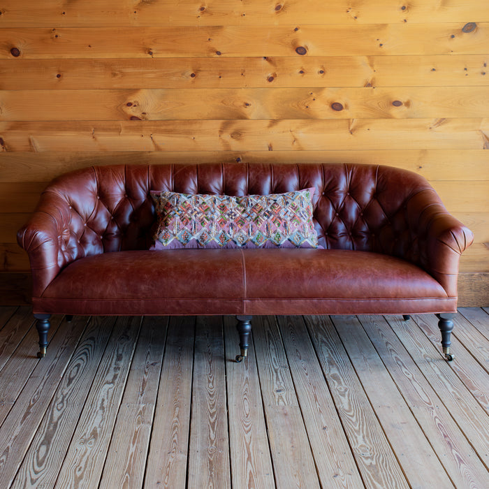 Pleated Arm Tufted  Leather Sofa With Emroidered Pillow