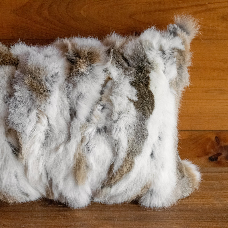Handcrafted Rabbit Fur Throw Pillow Cover With Insert – 18x18 Inch, Brown/White, 100% Natural Fur