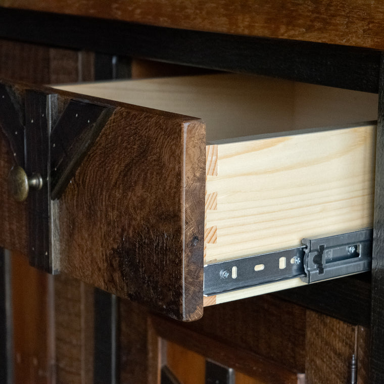 Handcrafted Rustic Sideboard with Four Doors and Two Drawers, Leg Detail