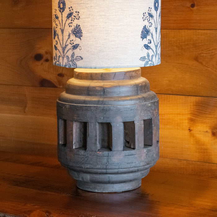 Reclaimed Wood Lamp with Tall Block Print Drum Shade, Base View