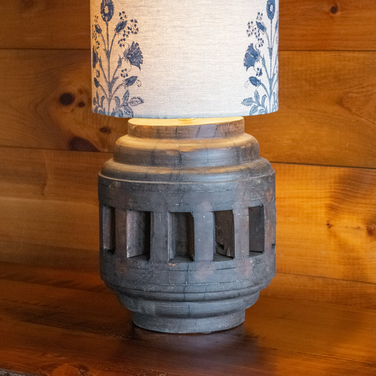 Reclaimed Wood Lamp with Tall Block Print Drum Shade, Shade Detail