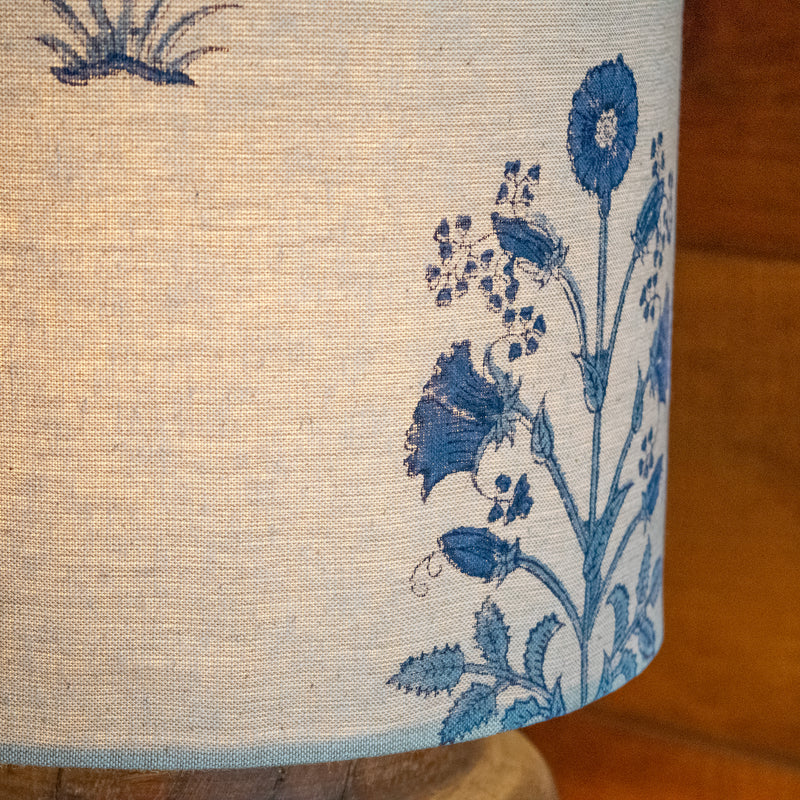 Reclaimed Wood Lamp with Tall Block Print Drum Shade, Shade Detail