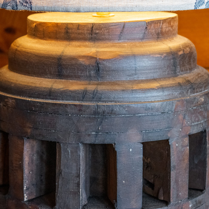 Reclaimed Wood Lamp with Tall Block Print Drum Shade, Reclaimed Wood Detail
