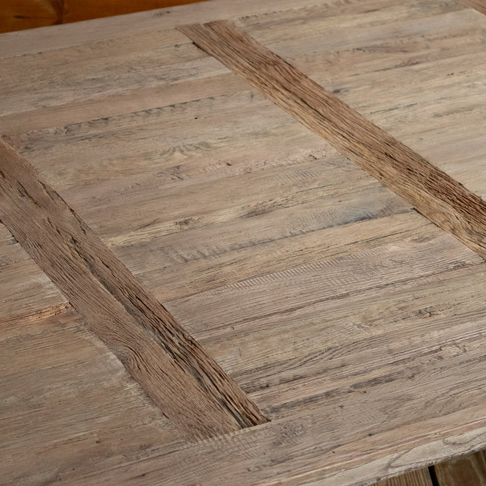 Close-up of the tabletop of a rectangular reclaimed oak coffee table