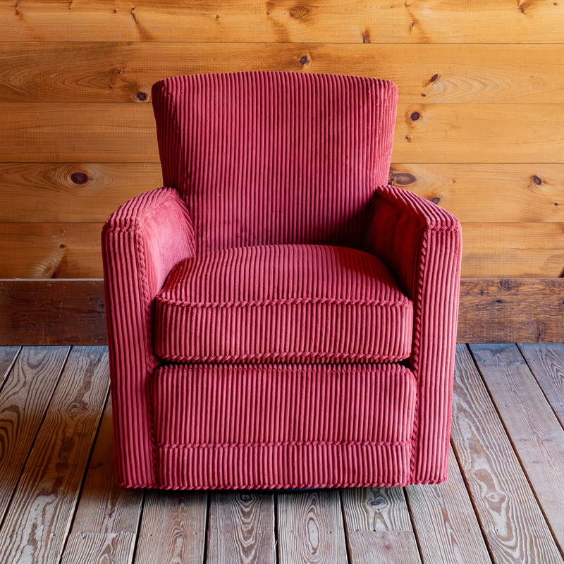Red Corded Velour Swivel Chair, Front View