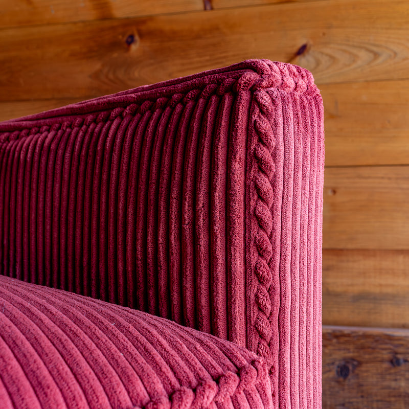 Red Corded Velour Swivel Chair, Seam Detail