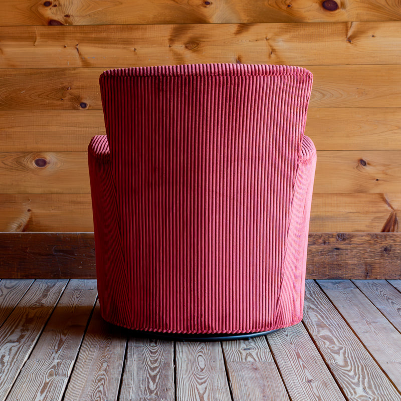 Red Corded Velour Swivel Chair, Back View