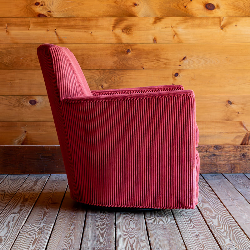 Red Corded Velour Swivel Chair, Profile View