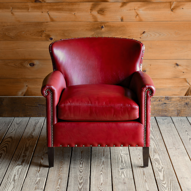 Red Leather Armchair with Rolled Arms And Tack Trim, Back View