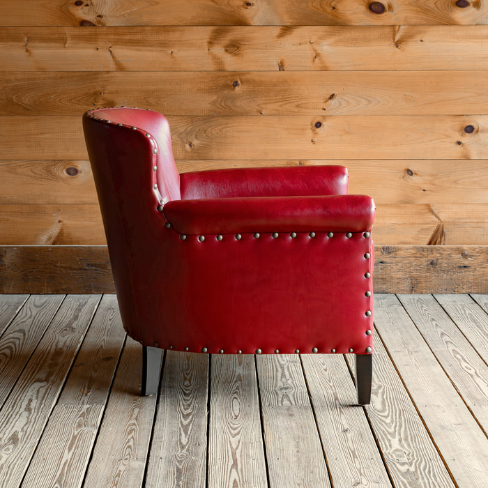 Red-Leather Armchair with Tack Trim and Rolled Arms, Profile View