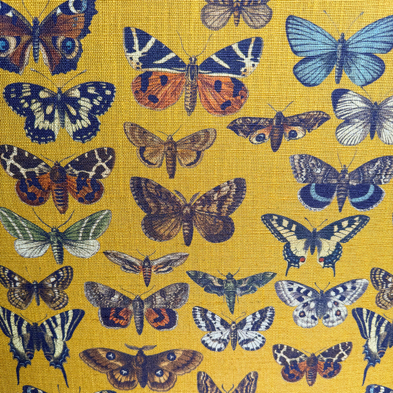 Close-up of yellow-gold fabric with allover butterfly pattern