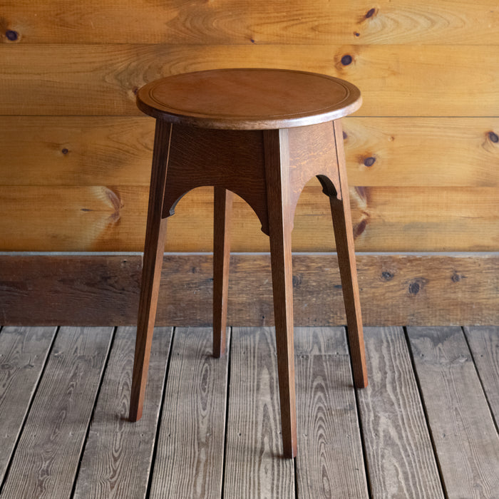 Arts and Crafts Style Oak Side Table with Copper Round Top, Angled Front View 