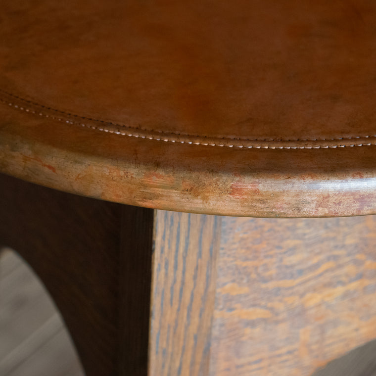 Arts and Crafts Style Oak Side Table with Copper Round Top, Top View