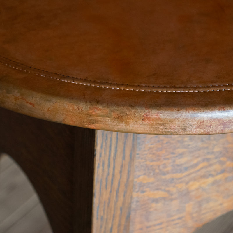 Arts and Crafts Style Oak Side Table with Copper Round Top, Copper Top Edge Detail
