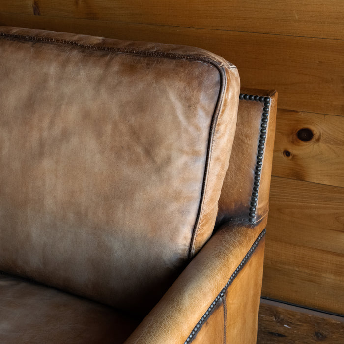 Rustic Antique Buffalo Leather Sofa with Nailhead Trim, Back Cushion Detail