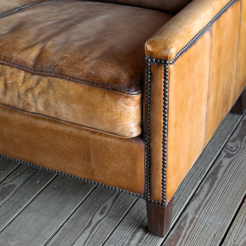 Rustic Antique Buffalo Leather Sofa with Nailhead Trim, Arm Detail