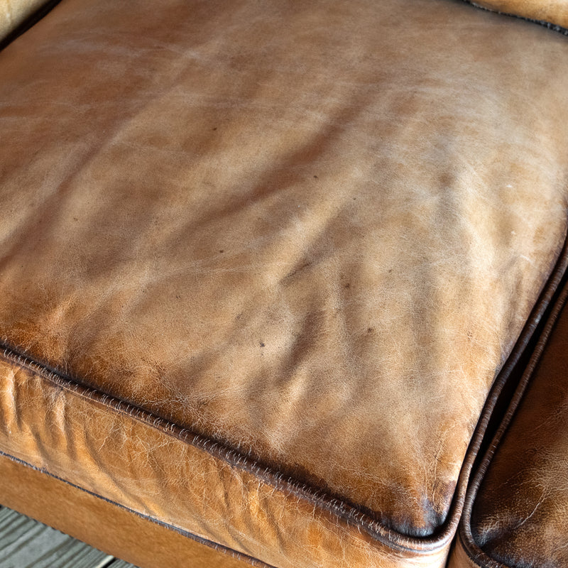 Rustic Antique Buffalo Leather Sofa with Nailhead Trim, Seat Cushion Detail