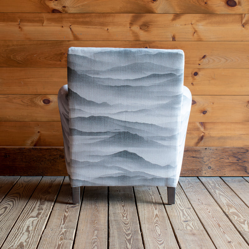 Rustic Armchair Upholstered in Subtle Mountain Landscape of Cotton and Linen, Back View