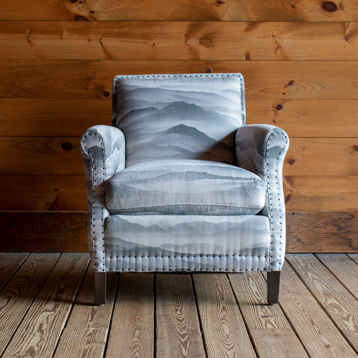 Rustic Armchair Upholstered in Subtle Mountain Landscape of Cotton and Linen, Front View