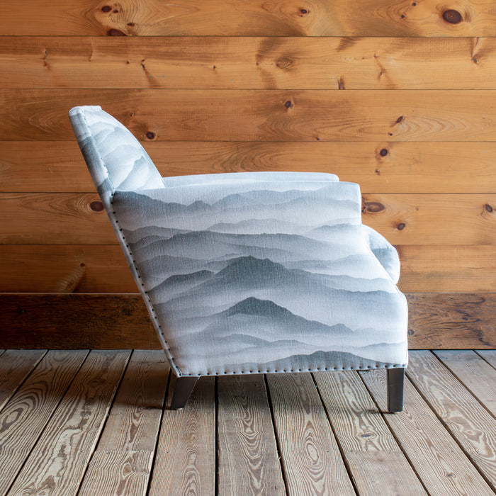Rustic Armchair Upholstered in Subtle Mountain Landscape of Cotton and Linen, Side View