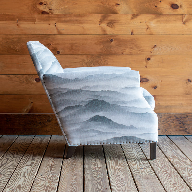 Rustic Armchair Upholstered in Subtle Mountain Landscape of Cotton and Linen, Side View