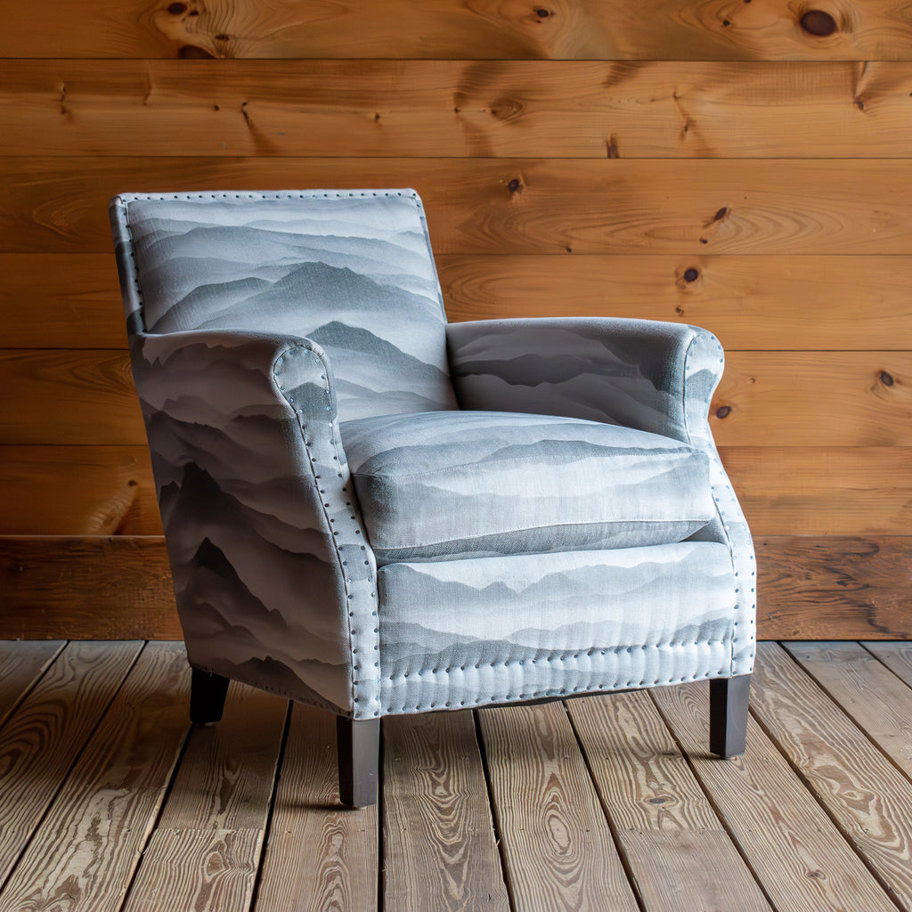 Rustic Armchair Upholstered in Subtle Mountain Landscape of Cotton and Linen