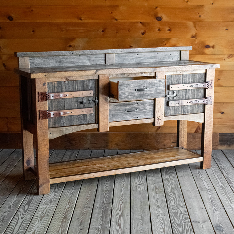 Rustic Reclaimed Barnwood Sideboard with Two Doors and Two Drawers, Profile View