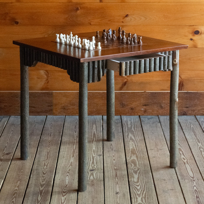 Rustic Pine and Hickory Game Table with Chess/Checkers and Backgammon Inlay, Angled Front View with Chess Pieces and Open Drawer