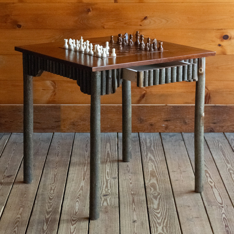 Rustic Pine and Hickory Game Table with Chess/Checkers and Backgammon Inlay, Angled Front View with Chess Pieces and Open Drawer