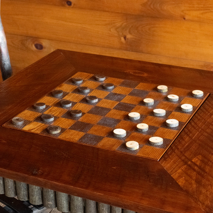 Rustic Pine and Hickory Game Table with Chess/Checkers and Backgammon Inlay, Top Detail with Checkers Pieces