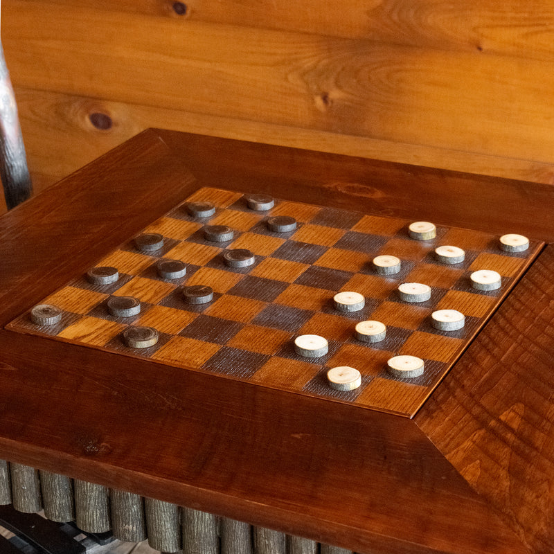 Rustic Pine and Hickory Game Table with Chess/Checkers and Backgammon Inlay, Top Detail with Checkers Pieces