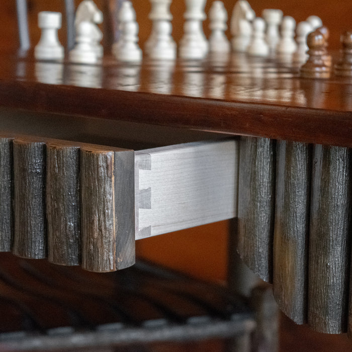 Rustic Pine and Hickory Game Table with Chess/Checkers and Backgammon Inlay, Dovetail Drawer Detail