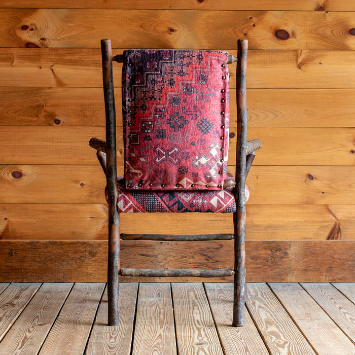 Rustic Handcrafted Upholstered Hickory Armchair, Back Detail