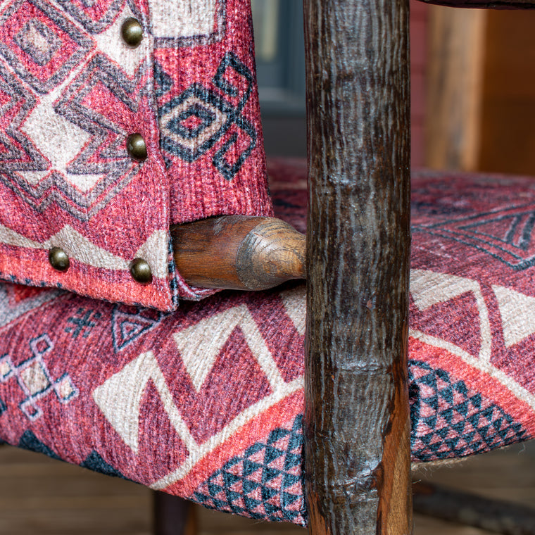 Rustic Handcrafted Upholstered Hickory Armchair, Back Detail
