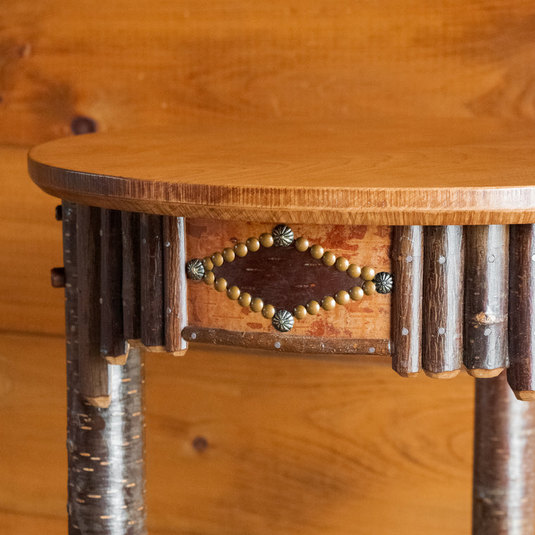 Handcrafted Maple and Yellow Birch Side Table with Detailed Apron and Lower Shelf, Leg Detail