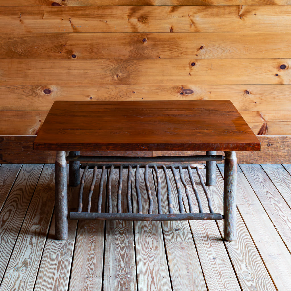 Rustic Square Coffee Table with Hickory Base with Spindle Shelf and Rough Sawn Pine Top, Front View 