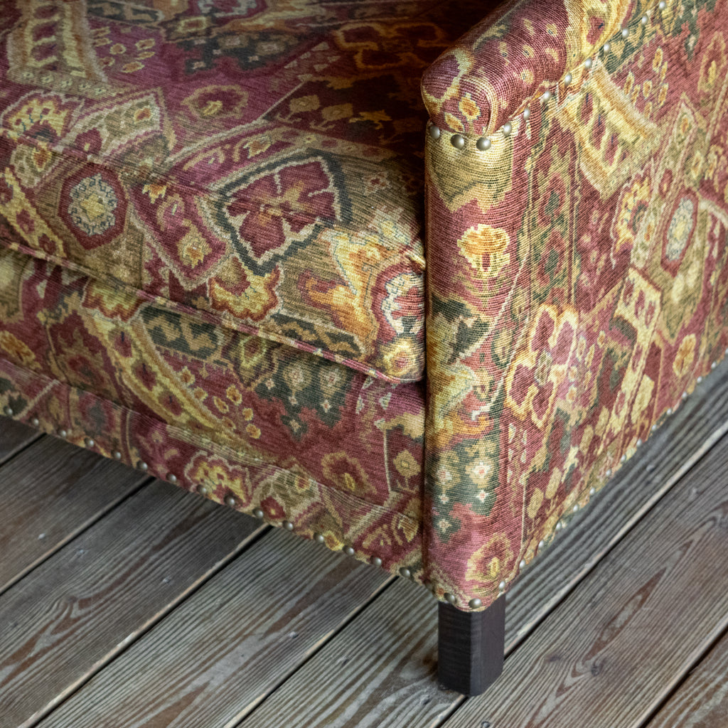 Placid Chair in Heriz Plum | Rustic Arm Chair in Rust & Gold Fabric ...
