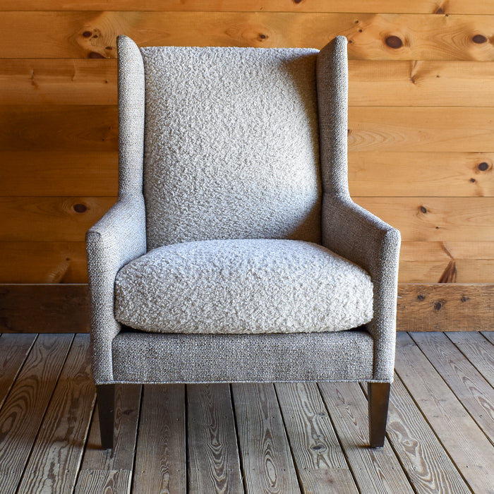 Rustic Wingback Chair in Neutral Tones, Front View