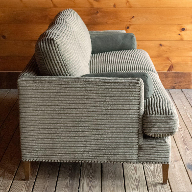 Sage Green Velvet Corduroy Sofa with Bolster Pillows, Leg Detail