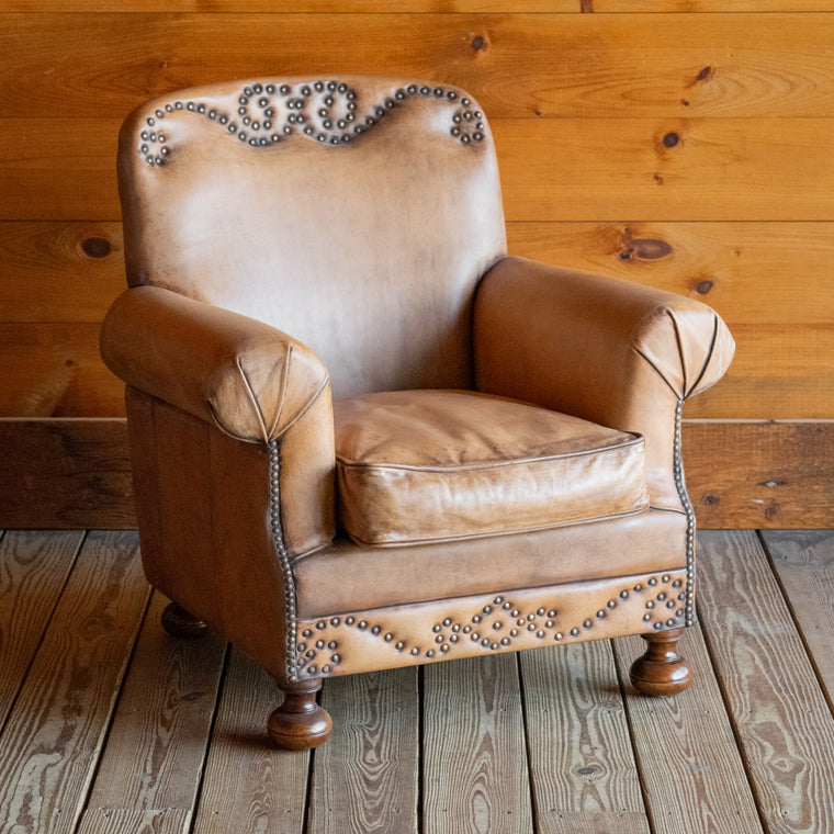 Scroll Leather Chair in Antiqued Light Brown