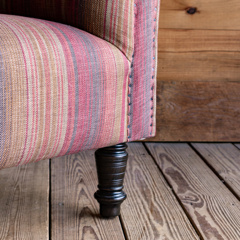 Rolled Arm Sofa in Sonoma Stripe Detail View of Turned Leg