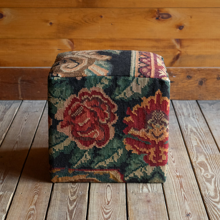 One-of-a-Kind Square Ottoman Upholstered in Kilim Carpet, Back View