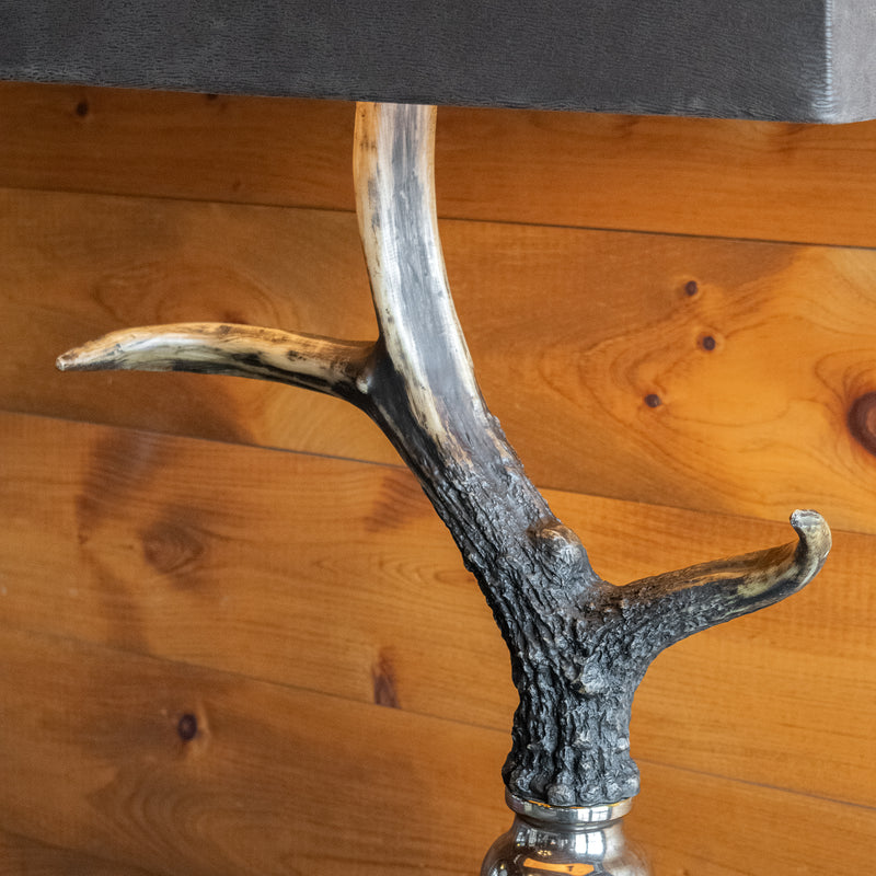 Rustic Faux Antler Table Lamp with Chocolate Suede Shade, Antler Detail