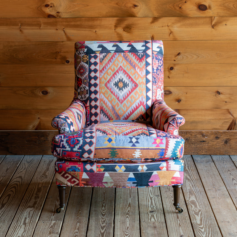 Tight Back Armchair In Bright Kilim Gypsy, Front View