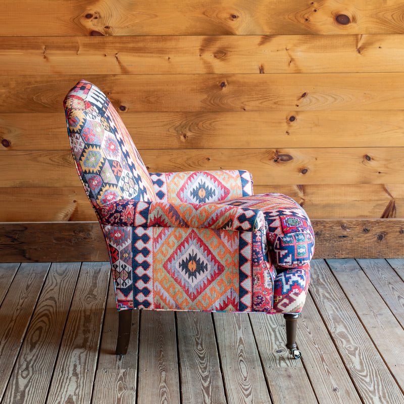 Tight Back Armchair In Bright Kilim Gypsy, Profile View