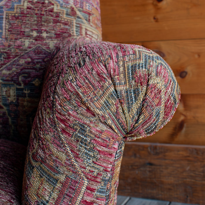 Red Rug Pattern Chair, Pleated Roll Arm Detail 