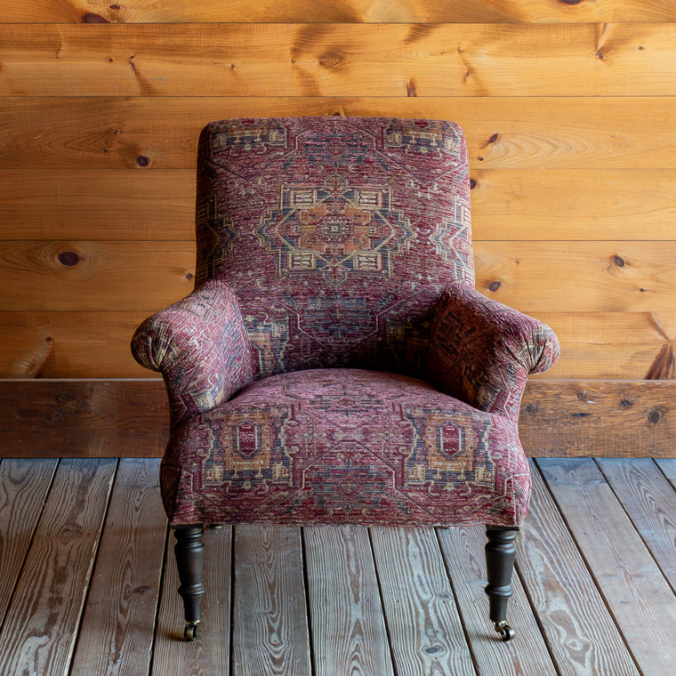 Red Rug Pattern Chair, Pleated Roll Arm Detail 